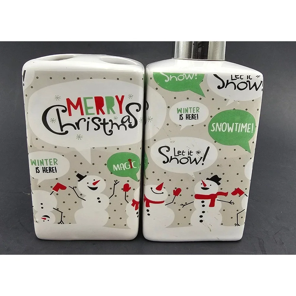 Christmas Snowman Ceramic Soap Dispenser and Toothbrush Holder Bathroom Set